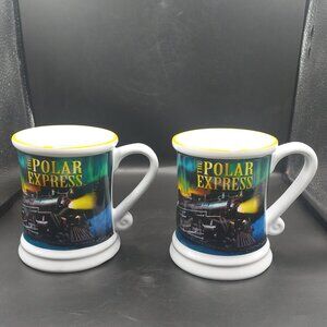 2 PE Polar Express Train Ceramic Warner Bros Embossed 3D Coffee Mugs Christmas